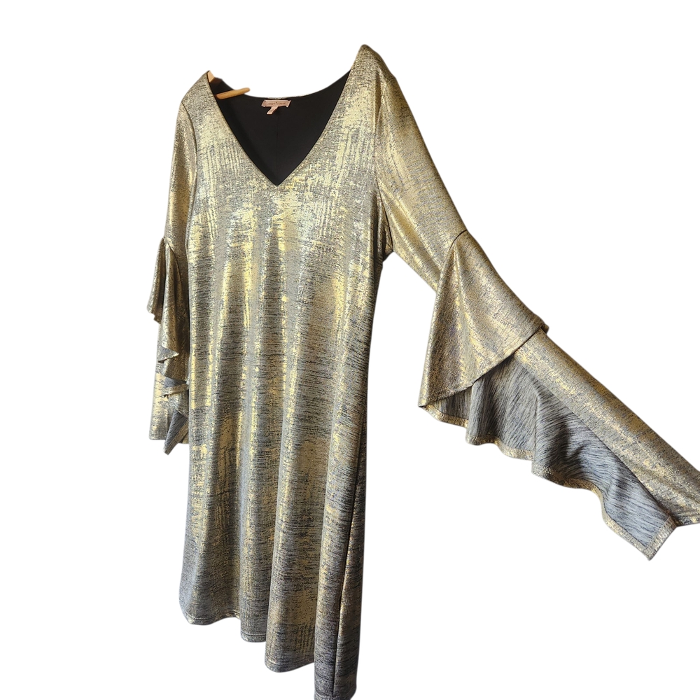 Gibson Latimer Gold Long Ruffle Sleeve Dress Size Small Dressy